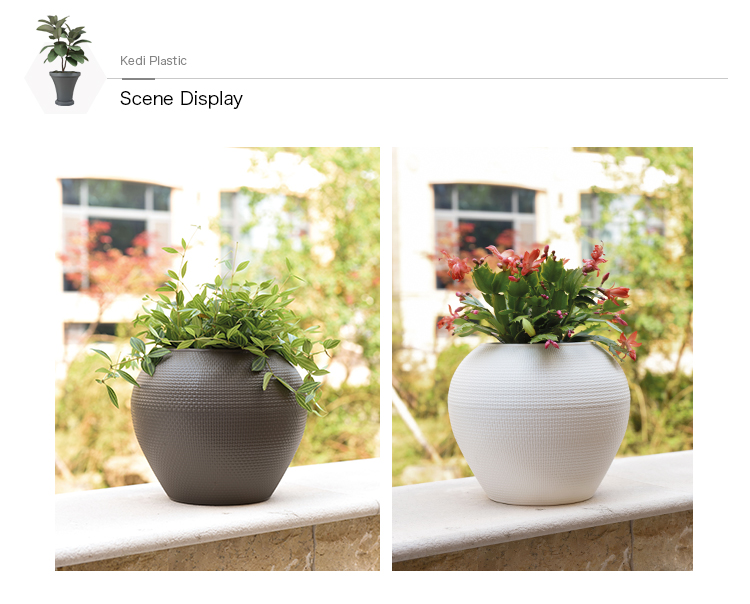 Round textured plastic planters with flowers for outdoor decoration