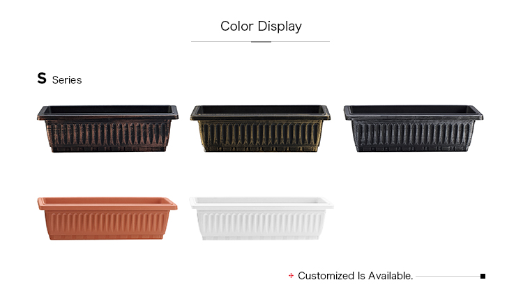 Rectangular plastic planter boxes in five customizable colors
