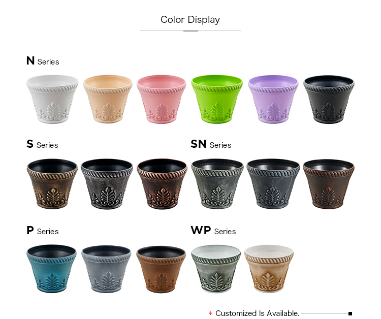 Decorative plastic flower pots in multiple colors and finishes